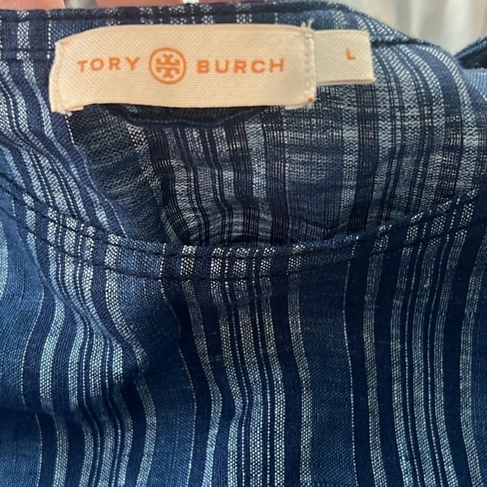 Tory Burch, Navy White Striped Cotton Kaftan Dress Resort Tunic Boho EUC Size L - Picture 8 of 11
